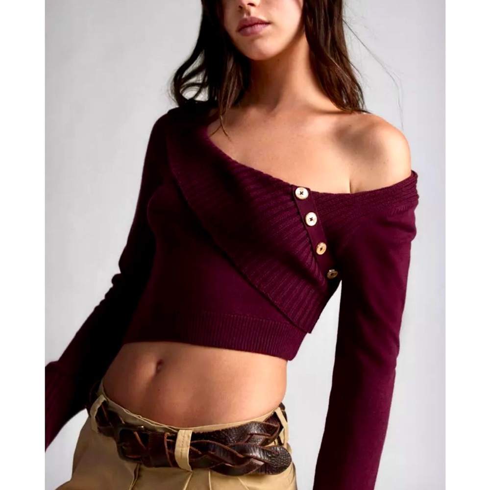 SILENCE + NOISE Sweater Burgundy Maroon Small Cropped Assymetrical